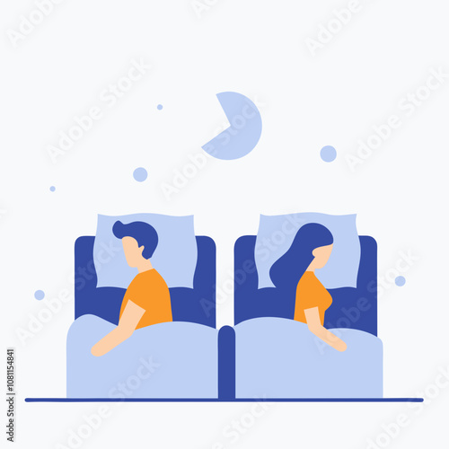 A man and woman are sleeping in separate beds. The man is wearing an orange shirt. The image is of a couple sleeping in separate beds