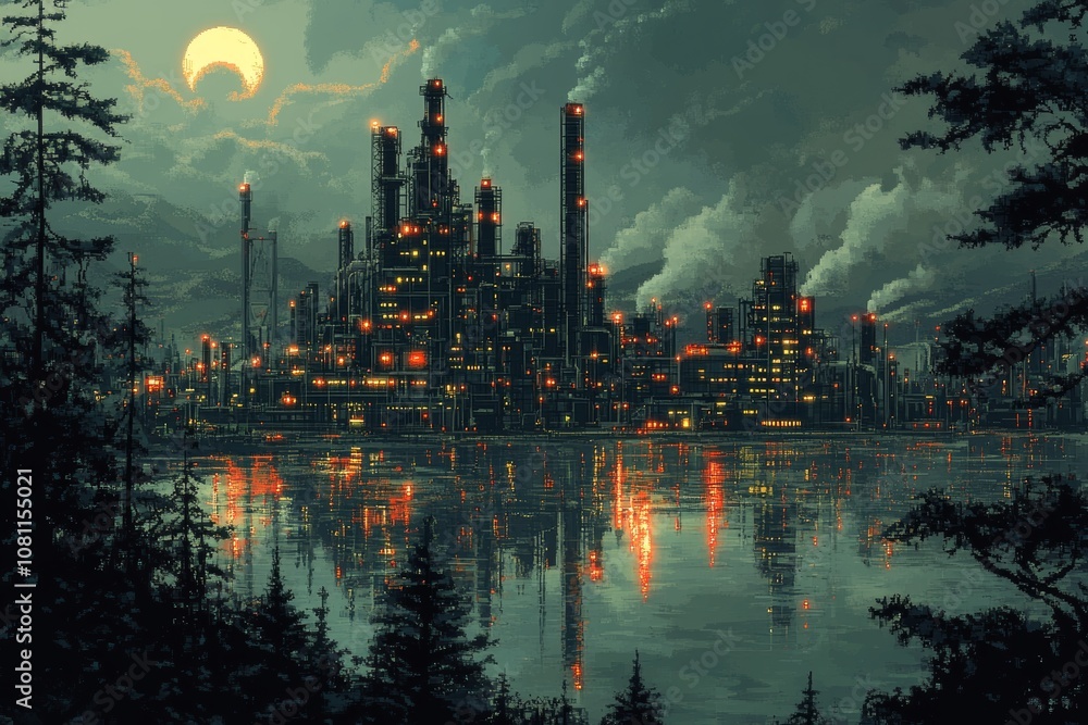 Retro Sci-Fi Industrial Cityscape with Oil and Tar Lakes, Ideal for Environmental or Industrial Concept Generative AI Retro Sci-Fi Industrial Cityscape with Oil and Tar Lakes, Ideal for Environmental or Industrial Concept Generative AI