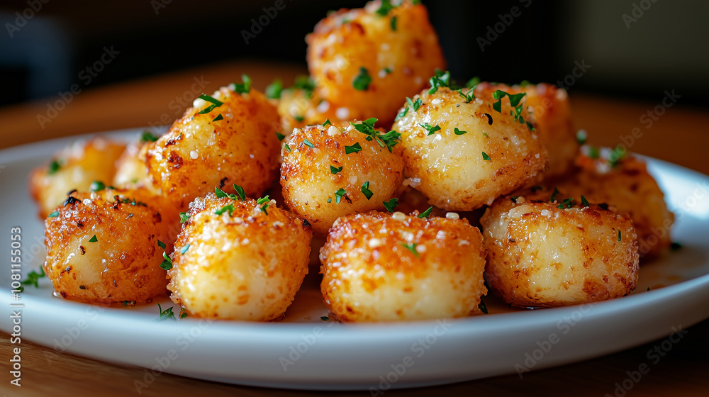 Crispy golden garlic Parmesan bites served on a white plate outdoors Crispy golden garlic Parmesan bites served on a white plate outdoors