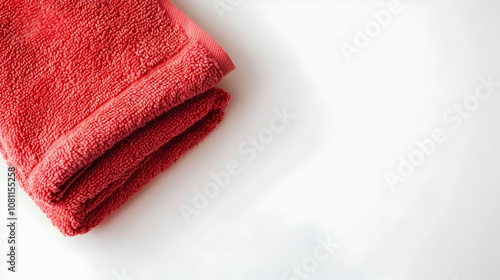 Folded Coral Terrycloth Hand Towel on White Background, red, bath towel, fabric, textile, texture