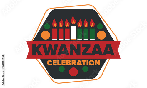 Kwanzaa Happy Celebration. African and African-American culture holiday. Seven days festival, celebrate annual from December 26 to January 1. Black history. Poster, card, banner and background. Vector