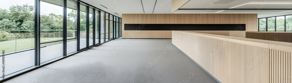Fototapeta premium Modern Office Interior with Wooden Wall and Large Windows, interior design, architecture, building, wood wall, wooden paneling