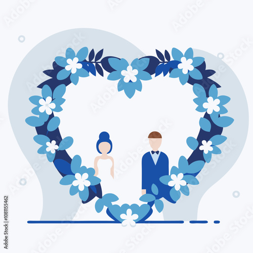 A couple is standing in front of a blue heart with flowers. The bride is wearing a white dress and the groom is wearing a blue suit. Concept of love and happiness, as the couple is getting married