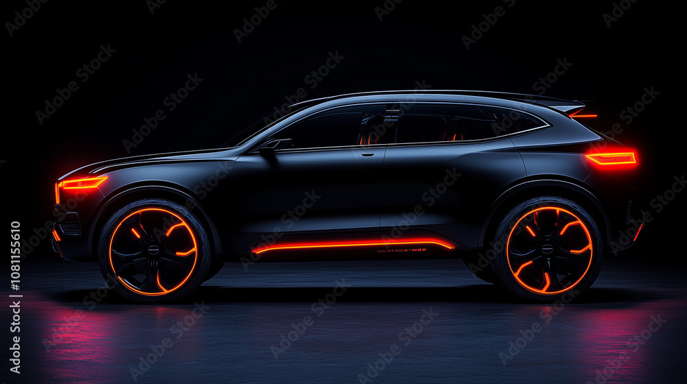 Abstract SUV black car with glowing lights on the black background. Studio shot Abstract SUV black car with glowing lights on the black background. Studio shot