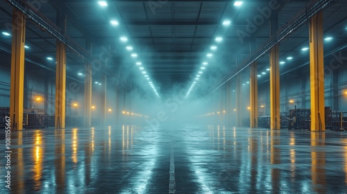 Empty Warehouse Interior with Damp Cement Floor and Fluorescent Lights, Cinematic Lighting Generative AI photo