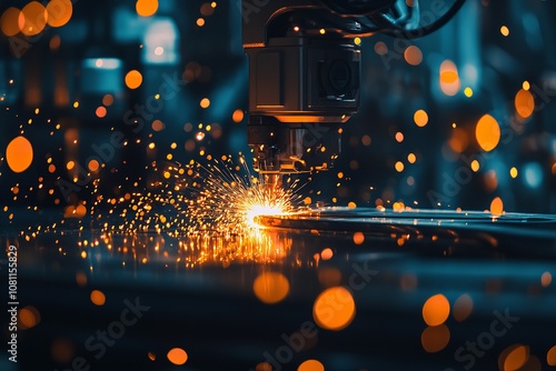 A close-up shot of a robotic arm performing welding in a factory photo