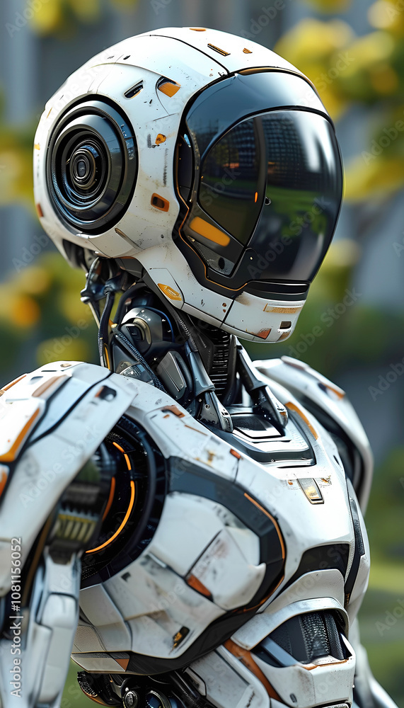 modern robot with a white and black body, intricate mechanical details, and a glossy visor, symbolizing cutting-edge technology. modern robot with a white and black body, intricate mechanical details, and a glossy visor, symbolizing cutting-edge technology.