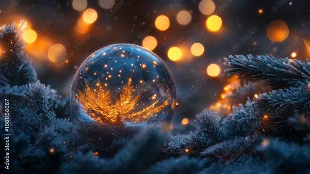 A Glass Ornament Reflecting Christmas Lights and a Pine Branch A Glass Ornament Reflecting Christmas Lights and a Pine Branch