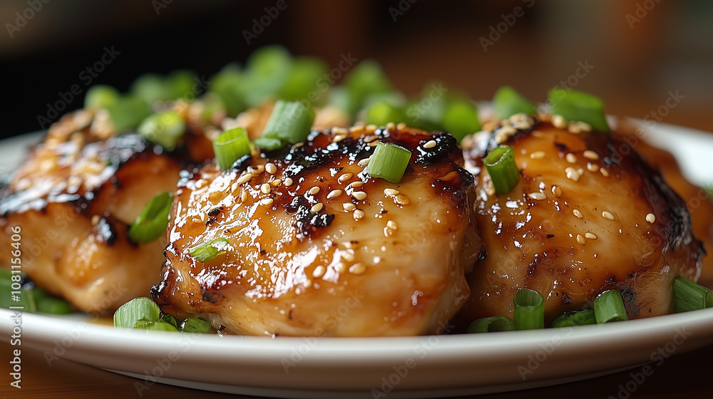 Close-up of garlic miso chicken garnished with green onions on a table Close-up of garlic miso chicken garnished with green onions on a table
