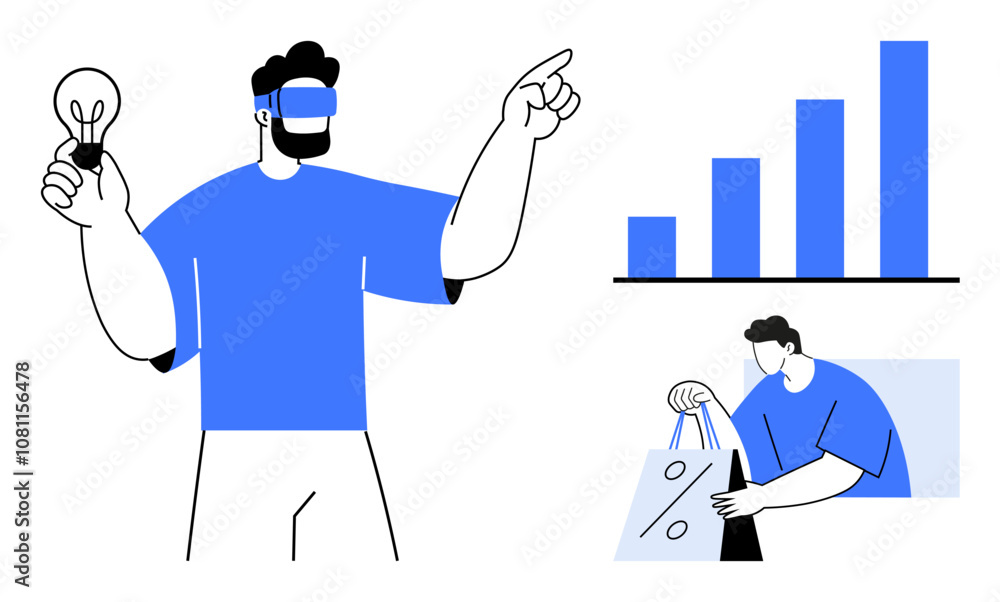 Man with VR headset holding lightbulb, pointing to a bar graph. Another man holding shopping bags. Ideal for virtual reality, business innovation, data analysis, online shopping, technology