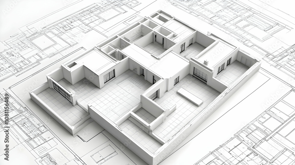 3D House Model on Architectural Blueprint, 3D model, architecture, architectural drawing, home design, house plan 3D House Model on Architectural Blueprint, 3D model, architecture, architectural drawing, home design, house plan