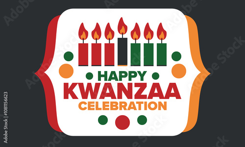 Kwanzaa Happy Celebration. African and African-American culture holiday. Seven days festival, celebrate annual from December 26 to January 1. Black history. Poster, card, banner and background. Vector