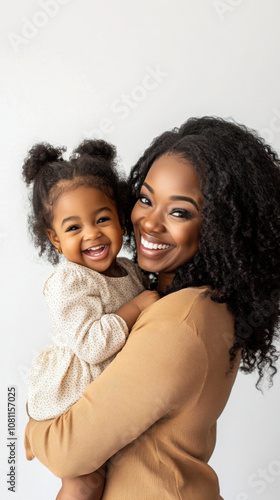 Joyful mother and daughter smiling in studio portrait for family album or greeting card design
