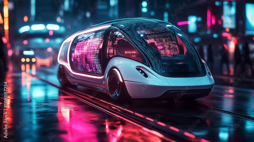 Fototapeta premium Futuristic autonomous vehicle illuminated by neon lights in a vibrant urban landscape, perfect for tech-themed wall art, posters, or digital backgrounds.