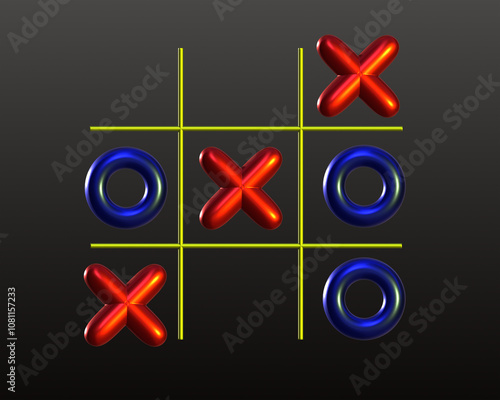 Hand drawn 3D illustration of tic tac toe isolated on black background