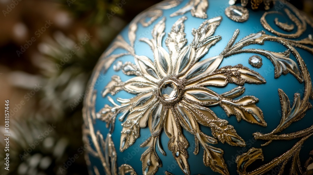 Fototapeta premium A Close-Up of a Blue Christmas Ornament with Gold Embellishments
