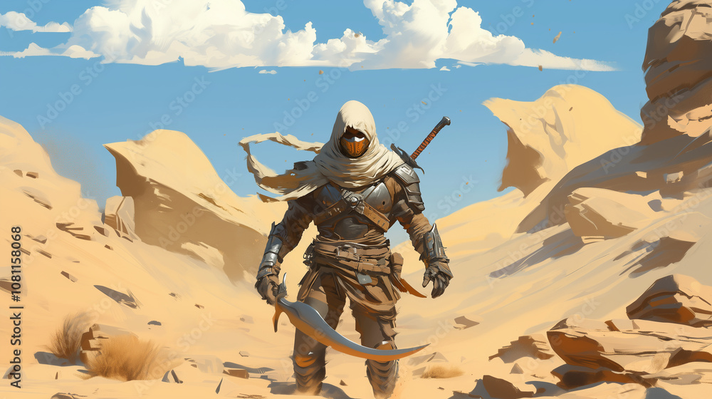 A rugged warrior with tactical gear, a face scarf, and a pair of twin daggers, skilled in stealth and sand-based attacks, fighting game character, concept art, illustration A rugged warrior with tactical gear, a face scarf, and a pair of twin daggers, skilled in stealth and sand-based attacks, fighting game character, concept art, illustration
