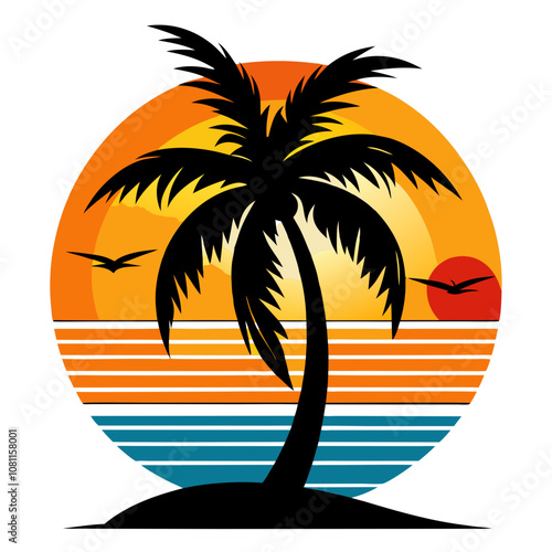 Coconut tree vector silhouette with see and sun set on white background