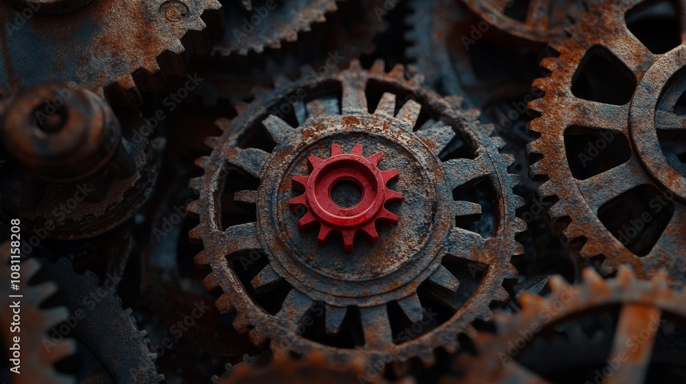 High Resolution Ultrarealistic Image of a Small Red Gear in the Middle of a Group of Large Rusty Iron Gears, Industrial Mechanism Concept Generative AI High Resolution Ultrarealistic Image of a Small Red Gear in the Middle of a Group of Large Rusty Iron Gears, Industrial Mechanism Concept Generative AI