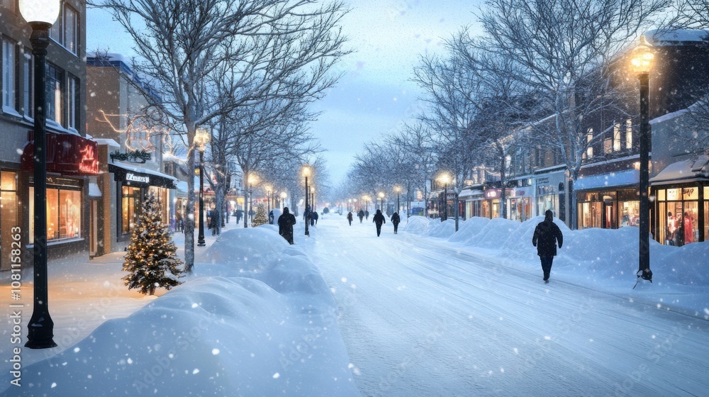 Snowy street scene with people strolling under glowing streetlights, AI Snowy street scene with people strolling under glowing streetlights, AI