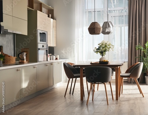 Stylish home kitchen interior with dining table, cabinet and panoramic window - Feel good