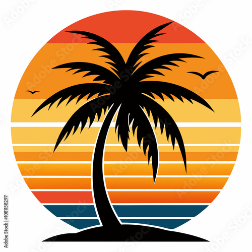 Coconut tree vector silhouette with see and sun set on white background