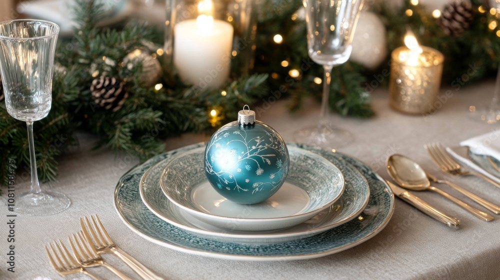 Christmas Ornament on Stacked Plates with Festive Table Setting Christmas Ornament on Stacked Plates with Festive Table Setting