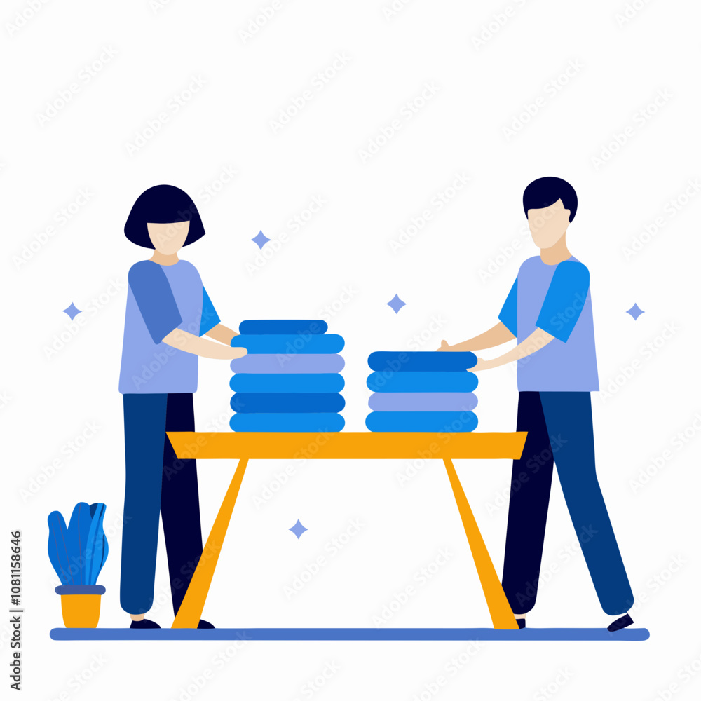 Two people are folding clothes on a table. Scene is calm and focused. The idea is that the people are working together to fold laundry Two people are folding clothes on a table. Scene is calm and focused. The idea is that the people are working together to fold laundry