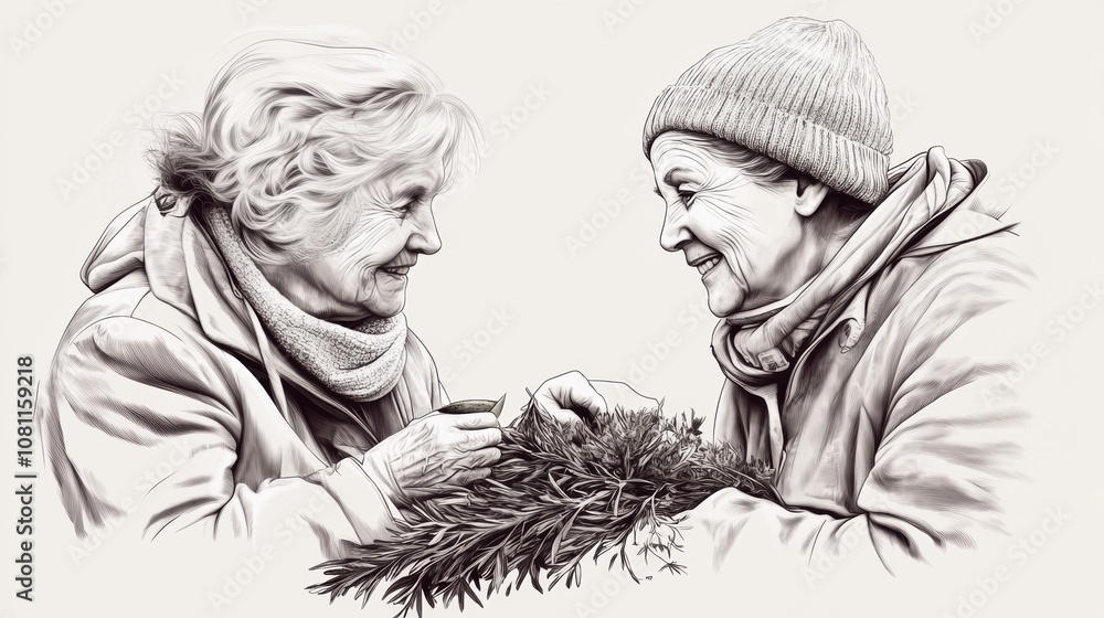 Two elderly women share a joyful moment while gardening together, AI Two elderly women share a joyful moment while gardening together, AI