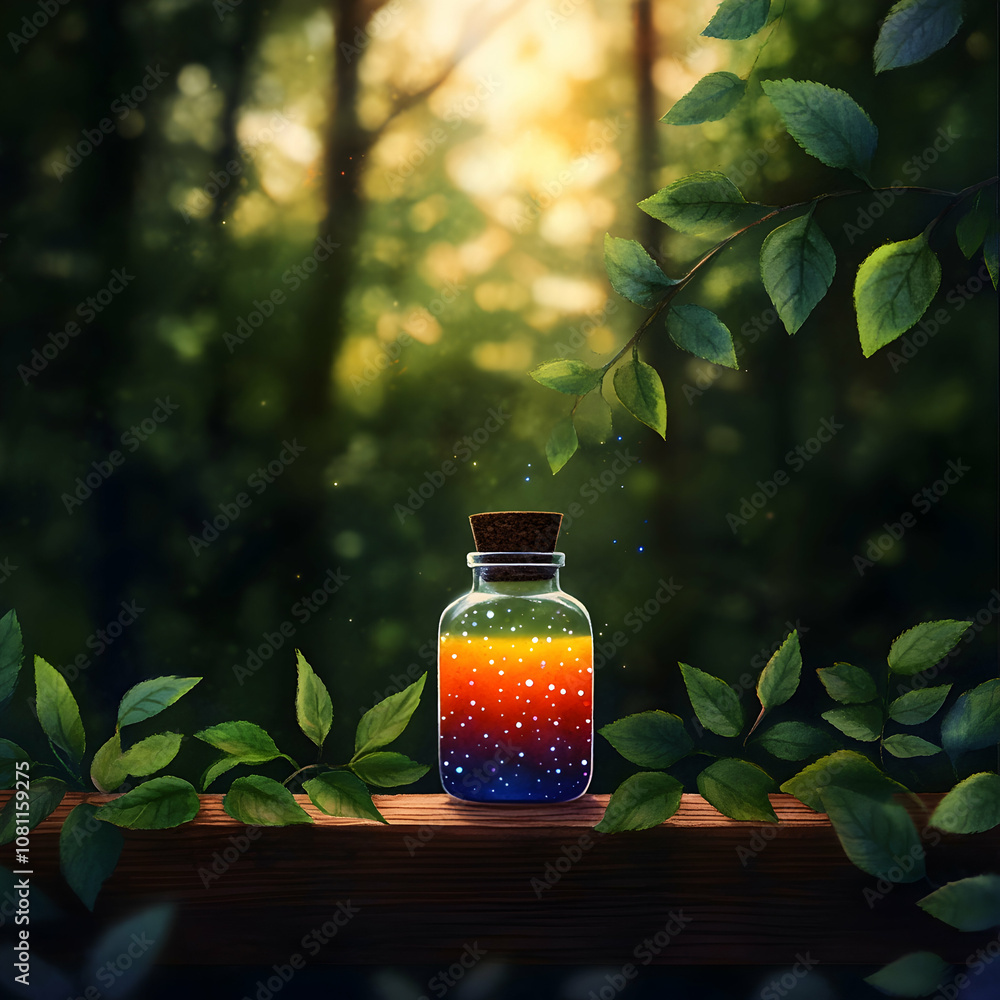 Obraz premium Magical Rainbow Potion in Forest Setting, bottle, glass bottle, cork, woods, trees