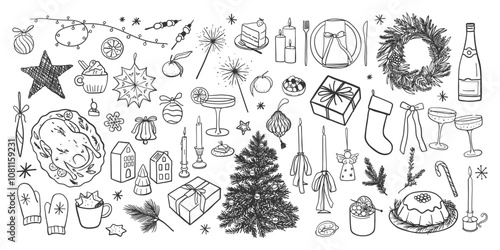 Hand drawn doodle style Christmas set. Simple black and white holidays elements for card, poster, packaging, social media