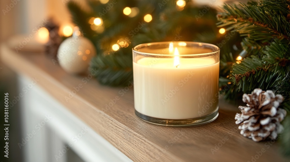 Burning Candle on Wooden Shelf with Pine Branch and Decorated Pine Cone Burning Candle on Wooden Shelf with Pine Branch and Decorated Pine Cone