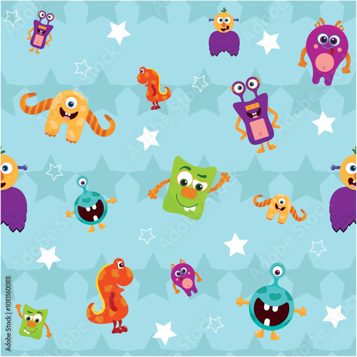Vector Colorful Monster Pattern on Starry Background  with stars and various colorful, friendly monsters, including an orange one-eyed monster, a small red dinosaur, and ot