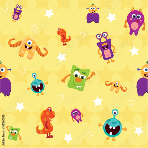 Vector Colorful Monster Pattern on Starry Background  with stars and various colorful, friendly monsters, including an orange one-eyed monster, a small red dinosaur, and ot