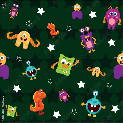 Vector Colorful Monster Pattern on Starry Background  with stars and various colorful, friendly monsters, including an orange one-eyed monster, a small red dinosaur, and ot