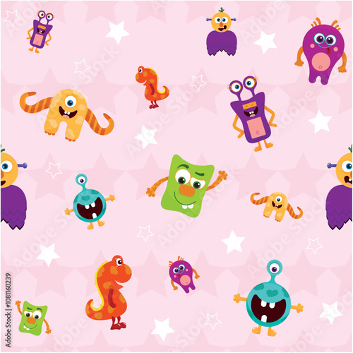Vector Colorful Monster Pattern on Starry Background  with stars and various colorful, friendly monsters, including an orange one-eyed monster, a small red dinosaur, and ot