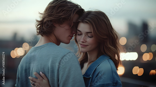 A young couple shares a tender moment on a rooftop during twilight, with city lights in the background.