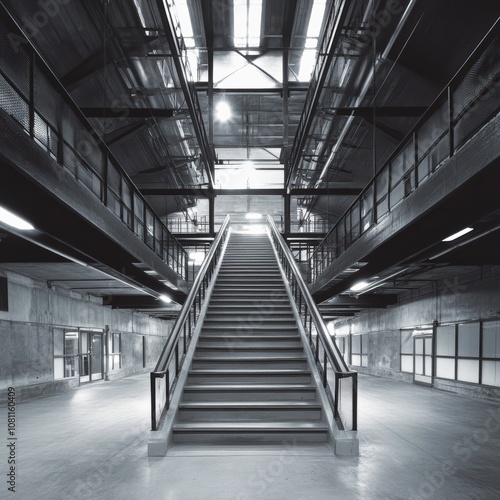 Modern Warehouse Interior with Diagonal Staircase and Open Center Generative AI photo