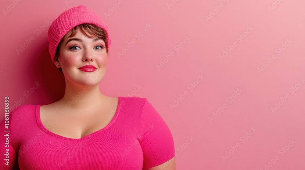 Woman in pink outfit and hat against a matching pink background, smiling confidently, AI Woman in pink outfit and hat against a matching pink background, smiling confidently, AI
