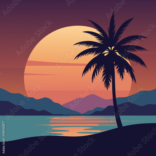 palm tree and sunset vector flat art