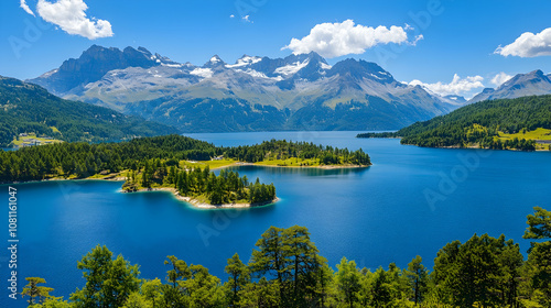 Majestic Swiss Alps Lake Landscape with Island and Mountains, switzerland, mountain lake, scenic, nature, scenery