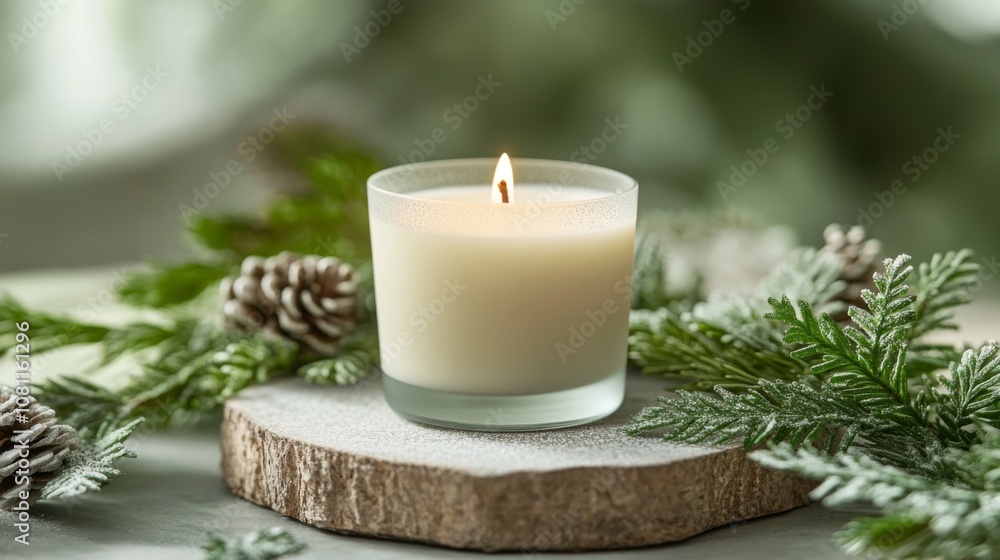 A Lit Candle on a Wooden Slice Surrounded by Pine Branches A Lit Candle on a Wooden Slice Surrounded by Pine Branches