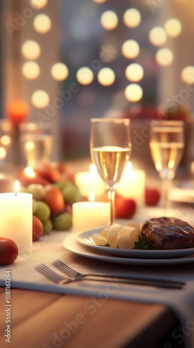 Elegant dinner setting with wine and candles creates a warm, inviting atmosphere, AI