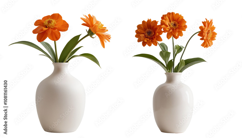 Obraz premium Two Vases with Orange Flowers Isolated on Transparent Background
