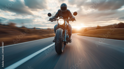 Dynamic motorcycle ride at sunset, biker on open road, adventurous journey, freedom and speed