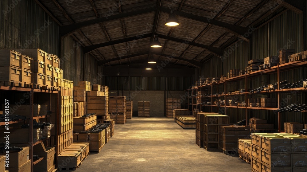 Modern Warehouse Interior at Night with Crates of Firearms - Secure Storage Facility Generative AI Modern Warehouse Interior at Night with Crates of Firearms - Secure Storage Facility Generative AI