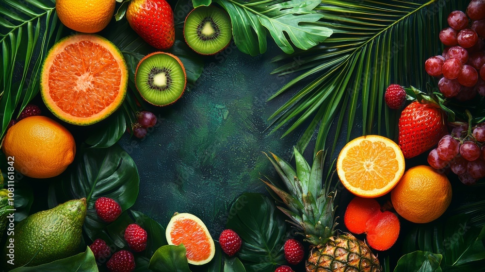 Tropical fruits arrangement with green leaves Tropical fruits arrangement with green leaves
