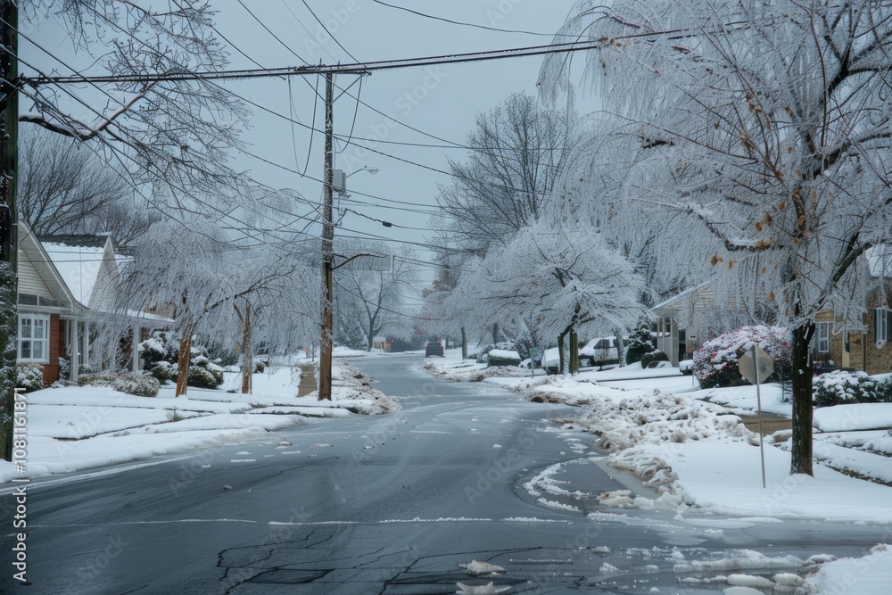 Icy Suburban Neighborhood Scene After Freezing Rain with Slick Roads and Icicles Icy Suburban Neighborhood Scene After Freezing Rain with Slick Roads and Icicles