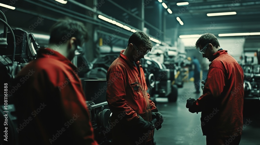 Mechanic workers inside a company, German architecture Generative AI Mechanic workers inside a company, German architecture Generative AI