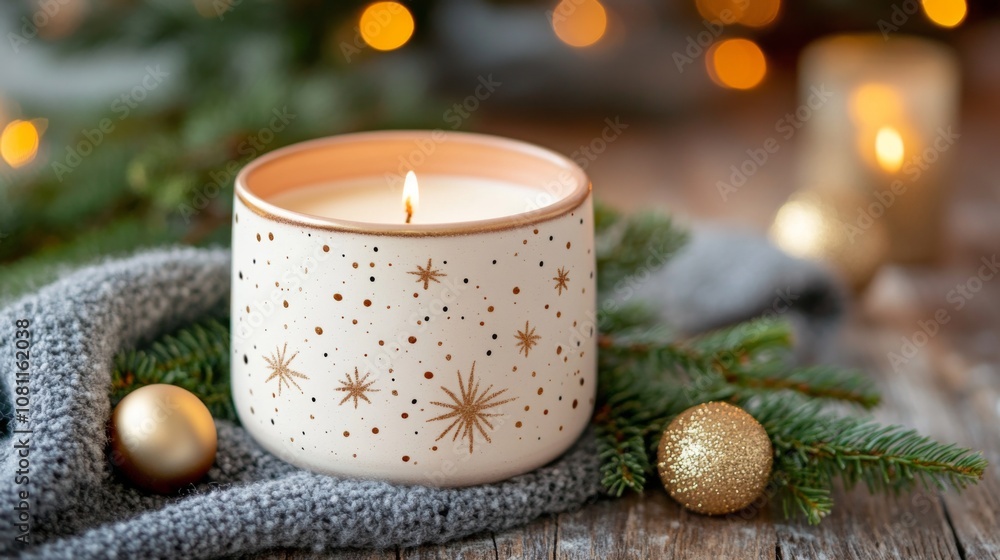 A Burning Candle with Golden Stars on a Cozy Background A Burning Candle with Golden Stars on a Cozy Background
